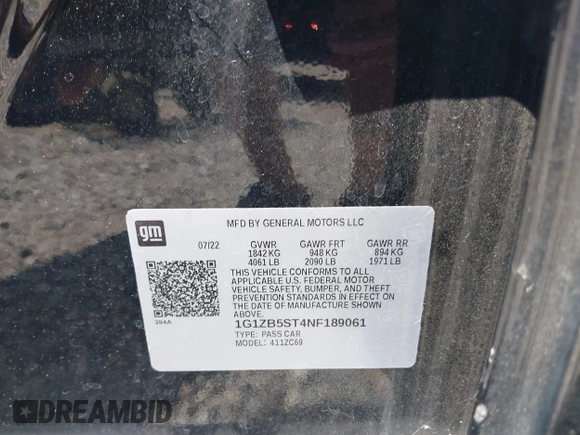2022 Chevrolet Malibu LS with VIN 1G1ZB5ST4NF189061, listed as a IAAI auction lot 39868574 with 30,417 mi miles and . Bid and sale history available at DreamBid. Image 9.