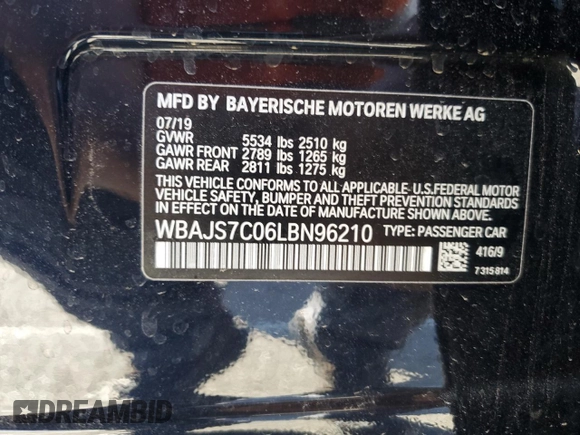 2020 BMW 5 Series M550i xDrive with VIN WBAJS7C06LBN96210, listed as a Copart auction lot 46769365 with 39,710 mi miles and Salvage title. Bid and sale history available at DreamBid. Image 13.