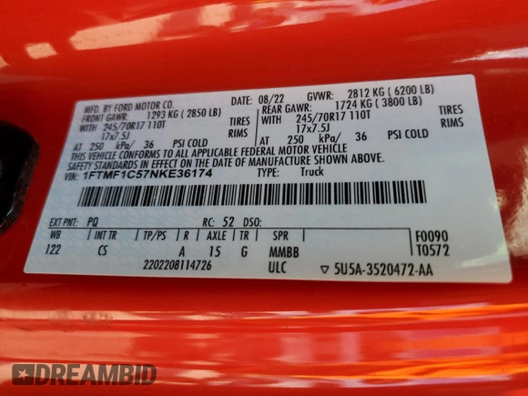 2022 Ford F-150 XL with VIN 1FTMF1C57NKE36174, listed as a Copart auction lot 82995384 with Not provided miles and Non repairable. Bid and sale history available at DreamBid. Image 14.