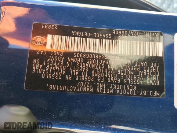 2008 Toyota Camry LE z VIN 4T1BK46K48U068935, wystawiony jako Copart lot #49741425 z przebiegiem 151 741 mil mil oraz Szkoda całkowita • Salvage title. Historia ofert i sprzedaży dostępna na DreamBid. Obrazek 13.