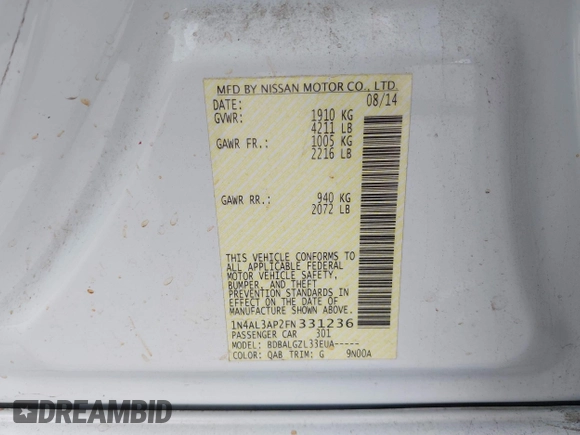 2015 Nissan Altima S with VIN 1N4AL3AP2FN331236, listed as a IAAI auction lot 41929242 with 100,439 mi miles and . Bid and sale history available at carsss.com. Image 9.