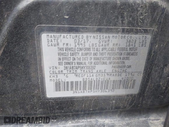 2017 Nissan Sentra S with VIN 3N1AB7AP5HY306392, listed as a IAAI auction lot 41912891 with 108,075 mi miles and . Bid and sale history available at DreamBid. Image 9.