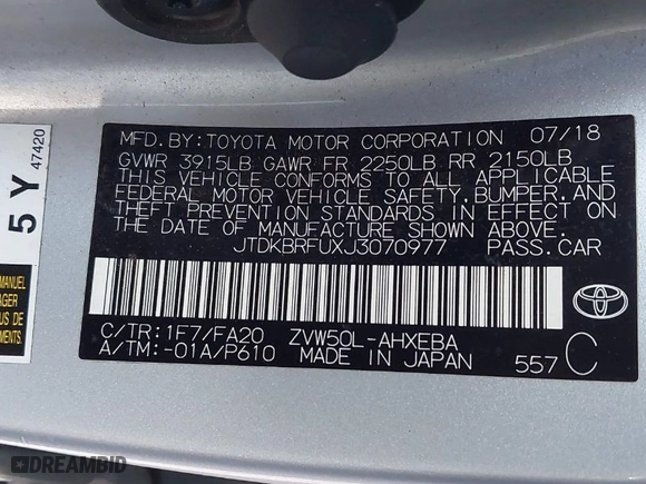2018 Toyota Prius Two with VIN JTDKBRFUXJ3070977, listed as a IAAI auction lot 41944435 with 128,117 mi miles. Bid and sale history available at carsss.com. Image 9.