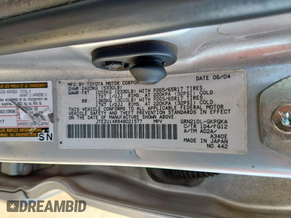 2004 Toyota 4Runner SR5 с VIN JTEZU14R848021577, выставлен на аукционе Copart как лот 59223625 с пробегом 316 977 миль миль и Списание • Salvage title. История ставок и продаж доступна на DreamBid. Изображение 13.