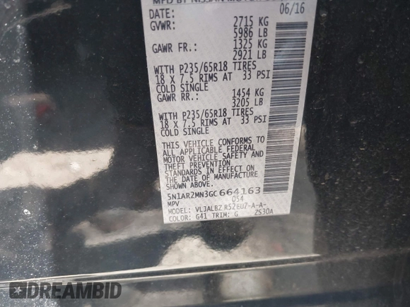 2016 Nissan Pathfinder SV with VIN 5N1AR2MN3GC664163, listed as a IAAI auction lot 42071463 with 214,767 mi miles. Bid and sale history available at carsss.com. Image 9.