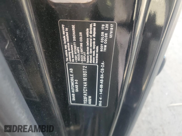 2010 Saab 9-3 z VIN YS3FA7CY4A1618072, wystawiony jako Copart lot #59464405 z przebiegiem 128 982 mil mil oraz Szkoda całkowita • Salvage title. Historia ofert i sprzedaży dostępna na DreamBid. Obrazek 12.