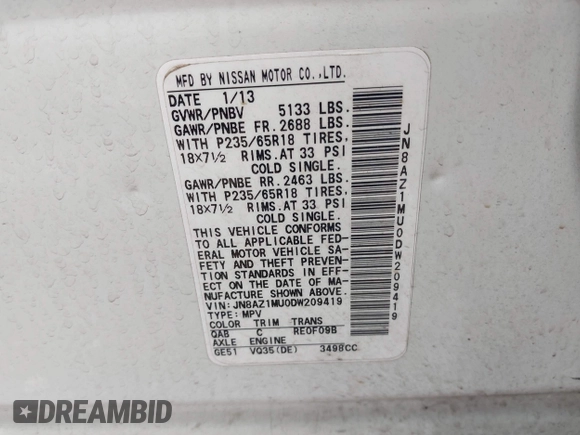2013 Nissan Murano LE with VIN JN8AZ1MU0DW209419, listed as a IAAI auction lot 42135318 with 173,256 mi miles. Bid and sale history available at carsss.com. Image 9.