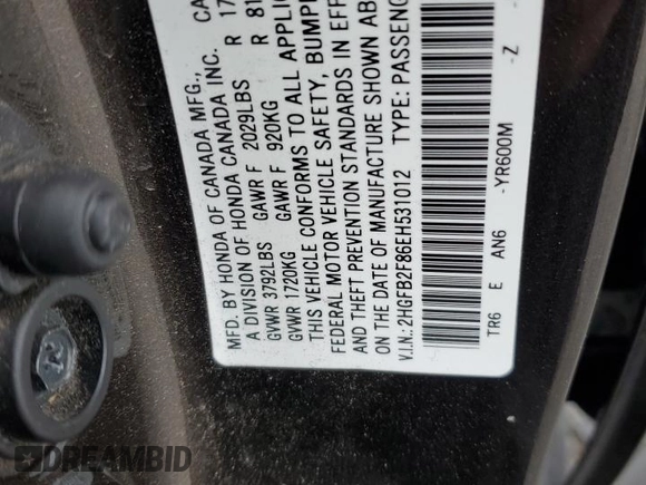 2014 Honda Civic Sedan EX with VIN 2HGFB2F86EH531012, listed as a Copart auction lot 51275135 with 0 mi miles and Salvage Title. Bid and sale history available at carsss.com. Image 14.