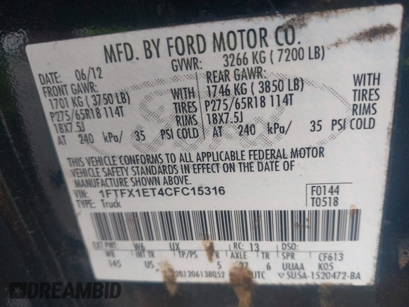 2012 Ford F-150 XL with VIN 1FTFX1ET4CFC15316, listed as a IAAI auction lot 42269513 with 145,517 mi miles and . Bid and sale history available at DreamBid. Image 9.
