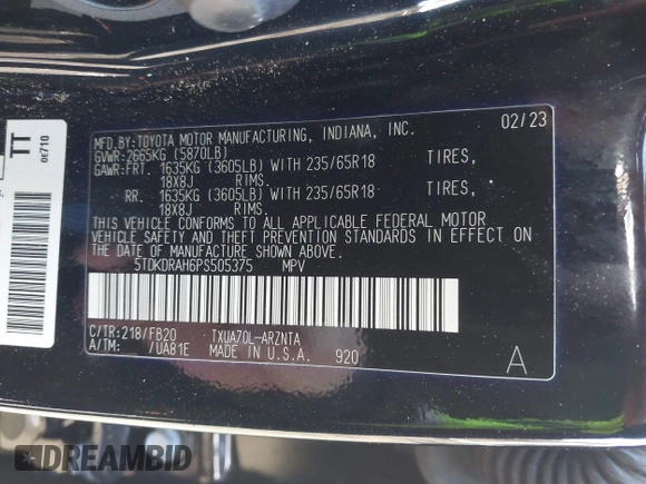 2023 Toyota Highlander L z VIN 5TDKDRAH6PS505375, wystawiony jako IAAI lot #41662089 z przebiegiem 9 700 mil mil oraz . Historia ofert i sprzedaży dostępna na DreamBid. Obrazek 9.