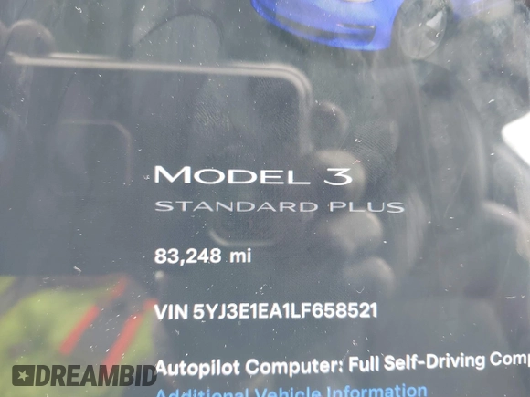 2020 Tesla Model 3 Standard Range Plus with VIN 5YJ3E1EA1LF658521, listed as a IAAI auction lot 41804722 with 83,248 mi miles and . Bid and sale history available at DreamBid. Image 15.