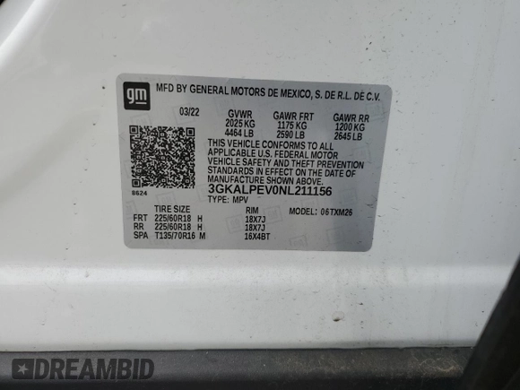2022 GMC Terrain SLT with VIN 3GKALPEV0NL211156, listed as a Copart auction lot 55300465 with 57,319 mi miles and Salvage Title. Bid and sale history available at DreamBid. Image 14.