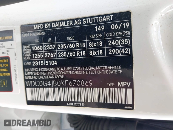 2019 Mercedes-Benz GLC 300 with VIN WDC0G4JB0KF670869, listed as a IAAI auction lot 42106326 with 51,047 mi miles and . Bid and sale history available at DreamBid. Image 9.