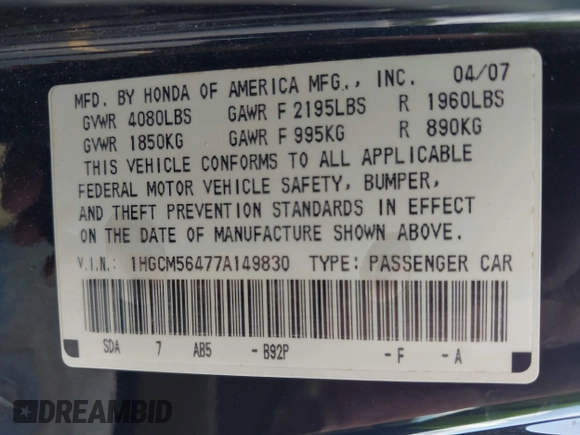 2007 Honda Accord LX with VIN 1HGCM56477A149830, listed as a IAAI auction lot 42589341 with 224,871 mi miles and . Bid and sale history available at DreamBid. Image 9.