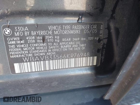 2006 BMW 3 Series 330i с VIN WBAVB33566KR76948, выставлен на аукционе IAAI как лот 41949725 с пробегом 179 505 миль миль и . История ставок и продаж доступна на DreamBid. Изображение 9.