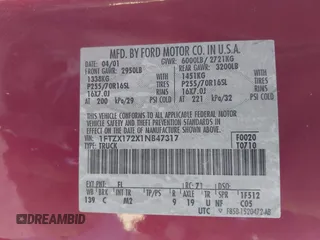 2001 Ford F-150 XL with VIN 1FTZX172X1NB47317, listed as a IAAI auction lot 41676446 with Not provided miles and . Bid and sale history available at DreamBid. Image 9.
