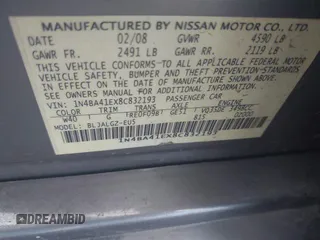 2008 Nissan Maxima 3.5 SL with VIN 1N4BA41EX8C832193, listed as a IAAI auction lot 39388766 with 194,612 mi miles. Bid and sale history available at carsss.com. Image 9.