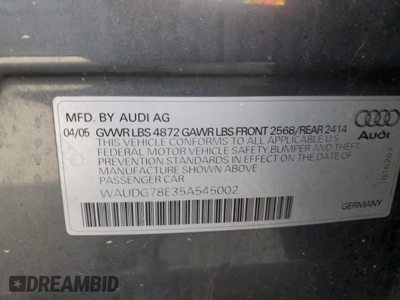2005 Audi A4 3.2L with VIN WAUDG78E35A545002, listed as a Copart auction lot 87471044 with 148,280 mi miles and Salvage Title. Bid and sale history available at carsss.com. Image 13.