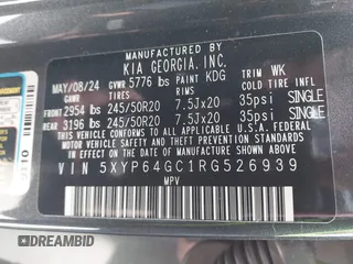 2024 Kia Telluride S with VIN 5XYP64GC1RG526939, listed as a IAAI auction lot 41619752 with 6,042 mi miles and . Bid and sale history available at carsss.com. Image 9.