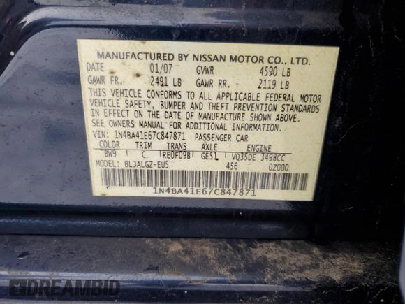 2007 Nissan Maxima 3.5 SL with VIN 1N4BA41E67C847871, listed as a Copart auction lot 44707085 with 139,652 mi miles and Salvage Title. Bid and sale history available at carsss.com. Image 14.