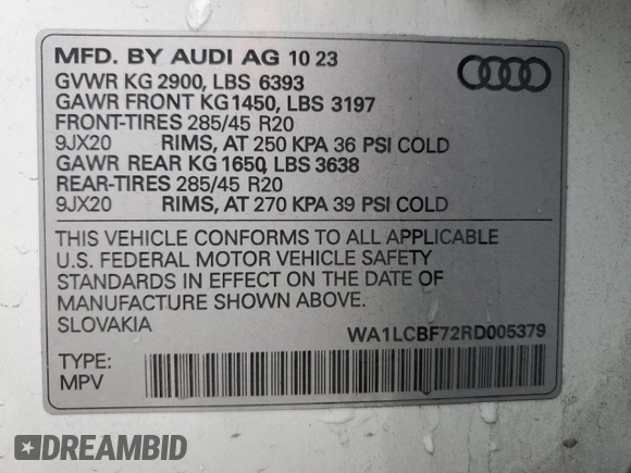 2024 Audi Q7 Premium Plus with VIN WA1LCBF72RD005379, listed as a Copart auction lot 86195024 with 17,895 mi miles and Salvage Title. Bid and sale history available at carsss.com. Image 13.