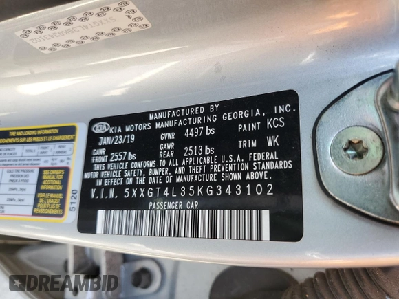 2019 Kia Optima LX with VIN 5XXGT4L35KG343102, listed as a Copart auction lot 63123705 with 100,114 mi miles and Clean title. Bid and sale history available at DreamBid. Image 12.