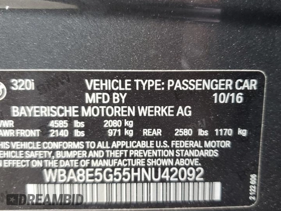 2017 BMW 3 Series 320i xDrive with VIN WBA8E5G55HNU42092, listed as a Copart auction lot 59711095 with 77,997 mi miles and Salvage title. Bid and sale history available at DreamBid. Image 12.