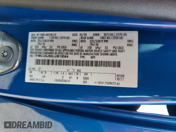 2020 Ford Escape Titanium z VIN 1FMCU9J90LUB15564, wystawiony jako Copart lot #59673625 z przebiegiem 84 474 mil mil oraz Czysty tytuł • Clean title. Historia ofert i sprzedaży dostępna na DreamBid. Obrazek 13.