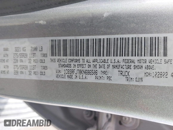 2019 Ram 1500 Laramie with VIN 1C6SRFJT8KN686506, listed as a IAAI auction lot 42499382 with 145,287 mi miles and . Bid and sale history available at DreamBid. Image 9.