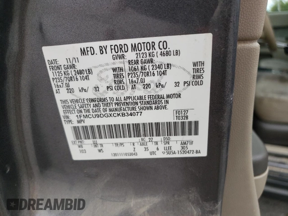 2012 Ford Escape XLT с VIN 1FMCU9DGXCKB34077, выставлен на аукционе Copart как лот 71502944 с пробегом 297 902 миль миль и Списание • Salvage title. История ставок и продаж доступна на DreamBid. Изображение 13.