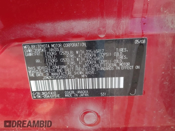 2008 Toyota RAV4 Limited z VIN JTMZK31V585021728, wystawiony jako IAAI lot #41975062 z przebiegiem Nie podano mil oraz . Historia ofert i sprzedaży dostępna na DreamBid. Obrazek 9.