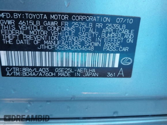 2010 Lexus IS 250 z VIN JTHCF5C28A2034648, wystawiony jako IAAI lot #40612732 z przebiegiem 163 108 mil mil oraz . Historia ofert i sprzedaży dostępna na DreamBid. Obrazek 9.