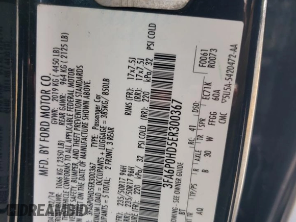 2014 Ford Fusion SE with VIN 3FA6P0HD5ER300367, listed as a Copart auction lot 53481855 with 165,226 mi miles and Salvage Title. Bid and sale history available at carsss.com. Image 12.