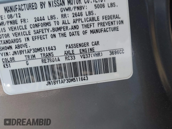 2013 Infiniti M37 with VIN JN1BY1AP3DM511643, listed as a IAAI auction lot 41166670 with Not Provided miles. Bid and sale history available at carsss.com. Image 9.