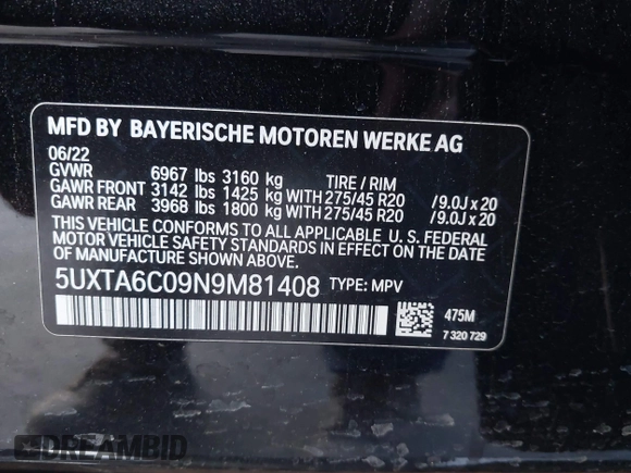 2022 BMW X5 xDrive45e with VIN 5UXTA6C09N9M81408, listed as a IAAI auction lot 41448822 with 35,147 mi miles. Bid and sale history available at carsss.com. Image 9.