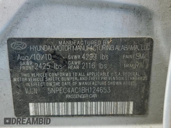 2011 Hyundai Sonata SE with VIN 5NPEC4AC1BH124653, listed as a Copart auction lot 51954955 with 168,283 mi miles and Salvage Title. Bid and sale history available at carsss.com. Image 12.