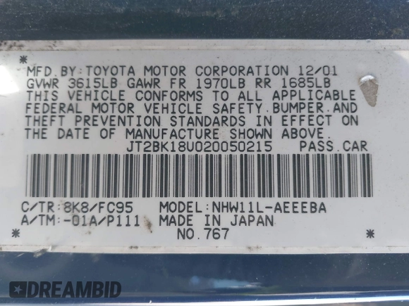 2002 Toyota Prius with VIN JT2BK18U020050215, listed as a IAAI auction lot 41443766 with 293,880 mi miles. Bid and sale history available at carsss.com. Image 9.