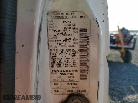1995 Nissan Frontier XE z VIN 1N6HD16S2SC336866, wystawiony jako Copart lot #56041925 z przebiegiem 187 337 mil mil oraz Szkoda całkowita • Salvage title. Historia ofert i sprzedaży dostępna na DreamBid. Obrazek 13.