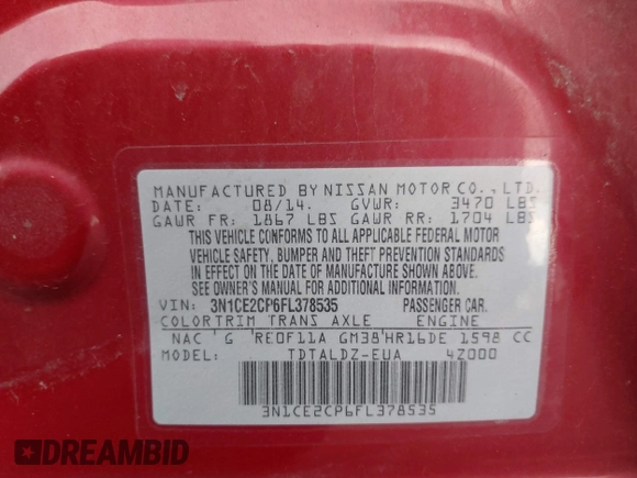 2015 Nissan Note S z VIN 3N1CE2CP6FL378535, wystawiony jako IAAI lot #41951753 z przebiegiem 138 586 mil mil oraz . Historia ofert i sprzedaży dostępna na DreamBid. Obrazek 9.