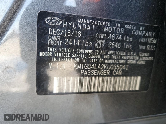 2019 Genesis G70 2.0T Advanced with VIN KMTG34LA2KU035041, listed as a Copart auction lot 52457484 with 43,490 mi miles and Salvage Title. Bid and sale history available at carsss.com. Image 12.