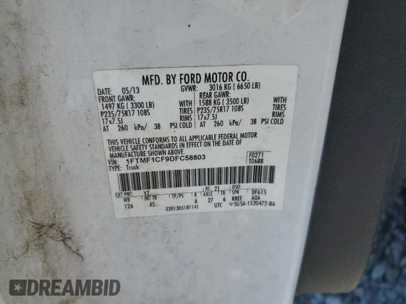 2013 Ford F-150 XL with VIN 1FTMF1CF9DFC58803, listed as a Copart auction lot 52379255 with 76,194 mi miles and Salvage title. Bid and sale history available at DreamBid. Image 14.