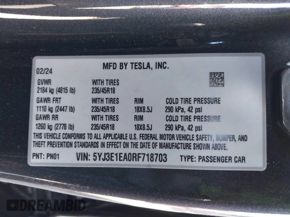 2024 Tesla Model 3 with VIN 5YJ3E1EA0RF718703, listed as a IAAI auction lot 41278243 with 6,504 mi miles. Bid and sale history available at carsss.com. Image 9.