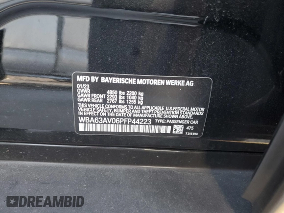 2023 BMW 4 Series 430i with VIN WBA63AV06PFP44223, listed as a Copart auction lot 86422454 with Not provided miles and Salvage title. Bid and sale history available at DreamBid. Image 14.