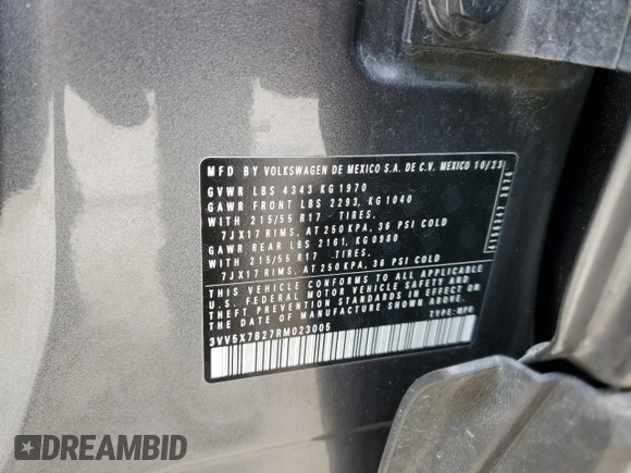 2024 Volkswagen Taos S с VIN 3VV5X7B27RM023005, выставлен на аукционе Copart как лот 57590955 с пробегом 42 147 миль миль и Чистый • Clean title. История ставок и продаж доступна на DreamBid. Изображение 13.