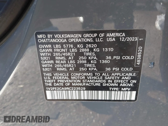 2024 Volkswagen Atlas SEL Premium R-Line z VIN 1V2FE2CA9RC223529, wystawiony jako IAAI lot #41188547 z przebiegiem 24 711 mil mil oraz . Historia ofert i sprzedaży dostępna na DreamBid. Obrazek 9.
