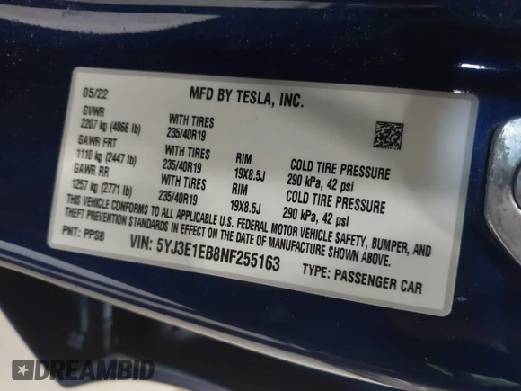 2022 Tesla Model 3 Long Range with VIN 5YJ3E1EB8NF255163, listed as a IAAI auction lot 42105451 with 40,166 mi miles and . Bid and sale history available at DreamBid. Image 9.