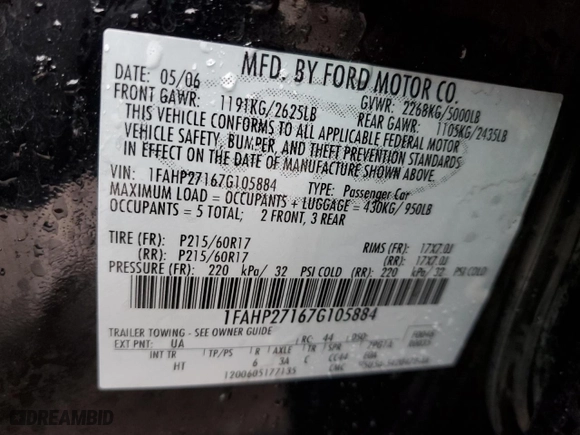 2007 Ford Five Hundred SEL with VIN 1FAHP27167G105884, listed as a Copart auction lot 85392784 with 231,253 mi miles and Salvage Title. Bid and sale history available at carsss.com. Image 12.