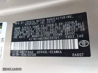 2008 Toyota Camry LE with VIN 4T1BE46K78U212761, listed as a IAAI auction lot 42044632 with 102,626 mi miles. Bid and sale history available at carsss.com. Image 9.