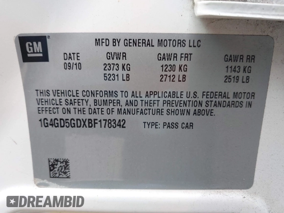2011 Buick LaCrosse CXL with VIN 1G4GD5GDXBF178342, listed as a IAAI auction lot 41908897 with 83,220 mi miles and . Bid and sale history available at DreamBid. Image 9.