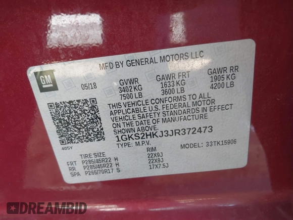 2018 GMC Yukon XL Denali with VIN 1GKS2HKJ3JR372473, listed as a IAAI auction lot 41637623 with 130,295 mi miles and . Bid and sale history available at DreamBid. Image 9.